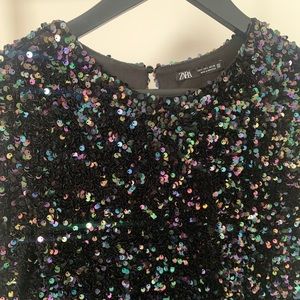 Zara Sequin Long Sleeve Dress Large Black